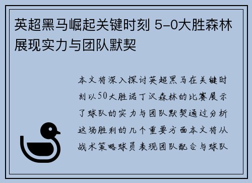 英超黑马崛起关键时刻 5-0大胜森林展现实力与团队默契