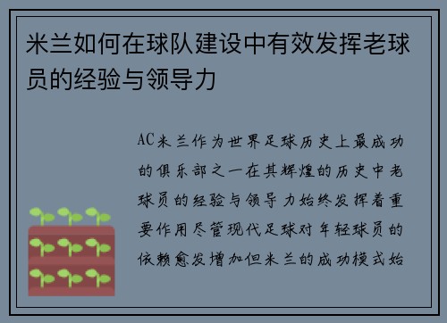 米兰如何在球队建设中有效发挥老球员的经验与领导力